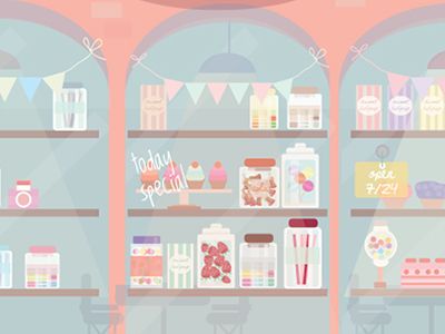 Candy shop illustration , sweet , strawberry, store, Candy Store Illustration, Candy Shop Illustration, August Moodboard, Shop Door, House Template, Shop Doors, Building Drawing, Candy Theme, Abc Book