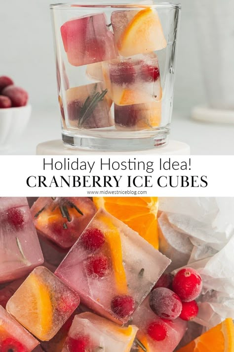 Cranberry Ice Cubes For Champagne, Ice Cubes With Cranberries And Rosemary, Ice Cube Recipes Cocktails, Cranberry Orange Ice Cubes, Fancy Ice Cubes For Cocktails, Thanksgiving Ice Cubes, Ice Cubes For Mimosas, Holiday Ice Cubes, Mimosa Ice Cubes