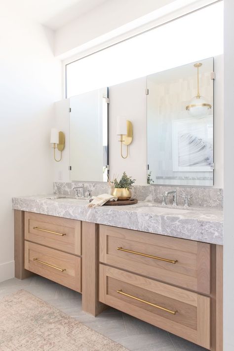 Project Reveal: Beach Front Master Bathroom - BECKI OWENS Daughters Bathroom, Vanity Cabinets, Brass Sconces, Becki Owens, Primary Bathroom, Vanity Ideas, Master Bath Remodel, Vanity Bathroom, Quartz Counter