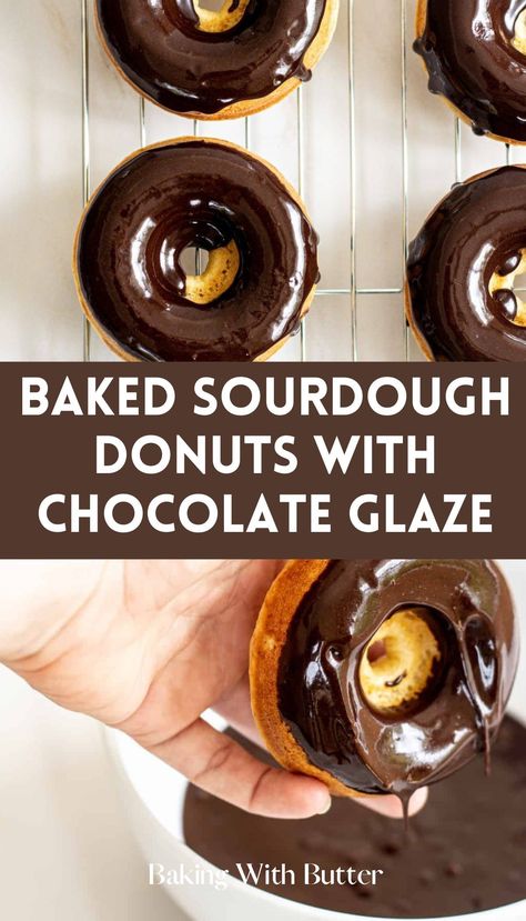 Homemade Baked Sourdough Donuts With Chocolate Glaze - fresh, flavorful, and satisfying. Baked Sourdough Doughnut Recipe, Baked Sourdough Donut Recipe, Sourdough Donut Recipe, Sourdough Sweets, Sourdough Cake, Sourdough Desserts, Recipe Using Sourdough Starter, Sourdough Starter Discard Recipe, Discard Recipes