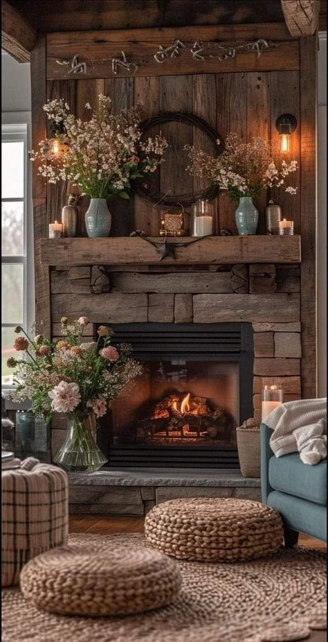 Salons Cottage, Modern Rustic Living Room, Farmhouse Fireplace, Rustic Home Design, Home Fireplace, Rustic Living, Cottage Living, Rustic Living Room, Fireplace Mantle