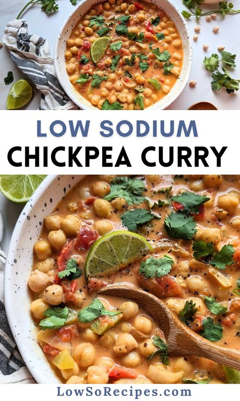 Low Sodium Chickpea Curry Low Sodium Vegetarian Recipes, Low Sodium Dinner Recipes, Cardiac Recipes, Vegetarian Bean Recipes, Sodium Foods, Heart Healthy Recipes Low Sodium, Low Salt Recipes, Man Recipes, Chickpea Curry Recipe