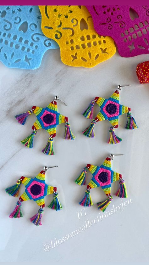 Mexican Inspired Earrings, Mexican Polymer Clay Earrings, Mexican Clay Earrings, Diy Crochet Jewelry, Mexican Earrings, Clay Jewelry Diy, Arte Inspo, Handcrafted Earrings, Polymer Clay Projects