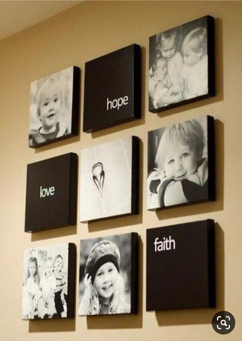 Photo Wall Collage Canvas, Picture Collages On Wall, Office Collage Wall, Canvas Picture Wall Ideas, Family Collage Wall Ideas, Photo Wall Collage Bedroom, Family Wall Collage, Wall Collage Ideas, Foto Muro Collage