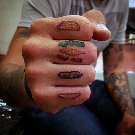 Distinctive Male Cheeseburger Tattoo Designs On Fingers Knuckle Sandwich Tattoo, Grilled Cheese Tattoo, Tiny Food Tattoos, Food Related Tattoos, Funny Food Tattoos, Cooking Tattoo Ideas, Cheeseburger Tattoo, Chefs Tattoo, Sandwich Tattoo