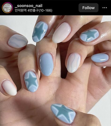 Short Round Blue Nails, Gel Nail Aesthetic, New Year Manicure, Pastel Blue Nails, Korean Nail, Fake Nails Designs, Korean Nail Art, Hello Nails, Hippie Nails