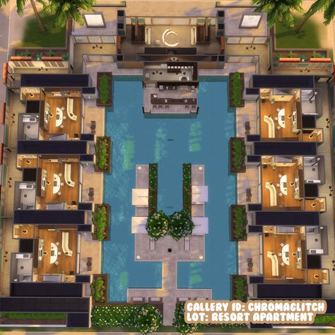 ☀ RESORT APARTMENT ��☀ Townhome-style resort apartments. _____ Tags: #sims4builds #ShowUsYourBuilds #ts4 #ts4build #simstagram #modernarchitecture #sims4 #TheSims4 #sims4machinima #sims4rp #simstagrammer #thesims4builds #cozygamingcommunity Sims Hotel, Sims 4 Hotel, Apartment Plan, Hotel Floor Plan, Townhouse Exterior, Hotel Floor, Hotel Plan, Apartment Plans, Small Hotel