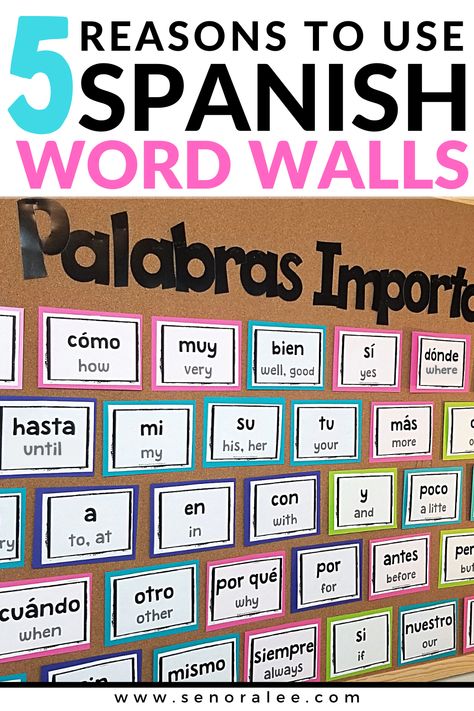 Spanish Word Wall Bulletin Board with High Frequency Words Spanish Word Wall Classroom, Esl Word Wall, Spanish Sound Wall, Elementary Spanish Classroom Decor, Spanish Classroom Door Ideas, Vocab Wall, Word Wall Ideas, Spanish Sight Words, Middle School Spanish Lessons