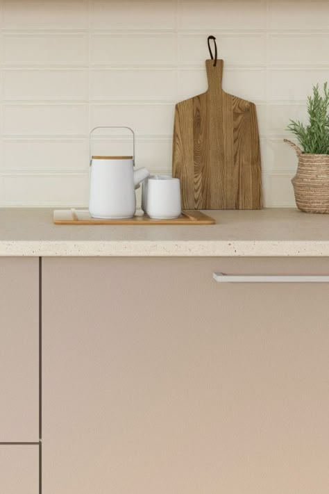 Taupe Cabinets Color with Cream Countertops Kitchen Cream Countertops, Oat Colored Kitchen Cabinets, Taupe Flat Panel Kitchen Cabinets, Kitchen With Cream Countertops, Kitchen Creme Color, Cream Colored Countertops, Tan Concrete Countertops, Modern Taupe Kitchen, Kitchen Beige Countertops