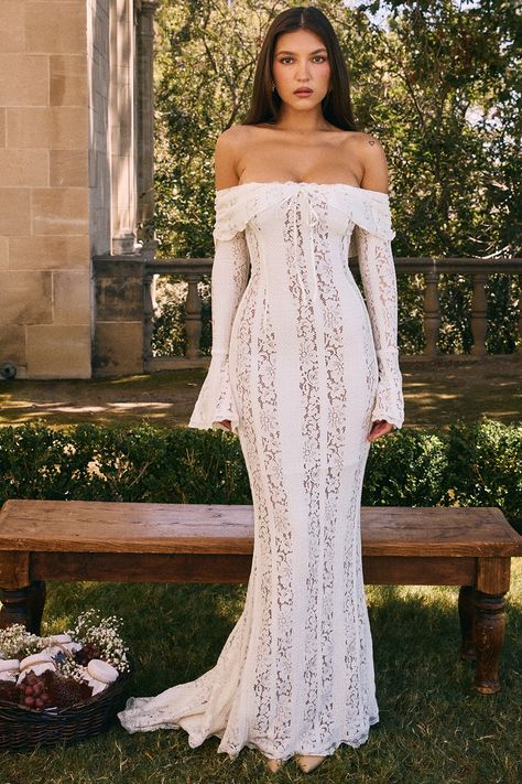 House of CB | Womenswear designed in London. Bohemian White Dress Long, House Of Cb Lace Dress, Dresses While Pregnant, White House Of Cb Dress, Off Shoulder Lace Wedding Dress, House Of Cb Outfits, House Of Cb Wedding Dress, House Of Cb White Dress, Bridal Shower Outfit For Bride