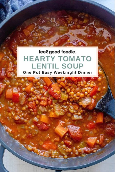 This hearty lentil soup is vegan-friendly. It's full of sweet carrots and red bell peppers with a tangy tomato broth and packed with green lentils - yum! Tomato Based Soup Recipes Healthy, Tomato Lentil Stew, Persian Style Tomato And Lentil Soup, Tomato And Lentil Soup Recipe, Lentils And Tomatoes, Lentil Recipes Side Dish, Lentil Veggie Soup, Lentil Tomato Soup, Tomato And Lentil Soup