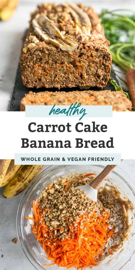 If you love banana bread and carrot cake then this easy homemade vegan carrot cake banana bread is perfect for you. This recipe is made with a moist whole grain banana bread batter filled with shredded carrots and walnuts. This is the best ever healthy loaf! It’s always a hit for breakfast, brunch, snack or dessert! #healthy #vegan #recipe #bananabread Carrot Cake Banana Bread, Cake Banana Bread, Paleo Carrot Cake, Carrot Banana Cake, Fit Mitten Kitchen, Vegan Carrot Cake, Carrot Bread, Cake Banana, Healthy Carrot Cakes