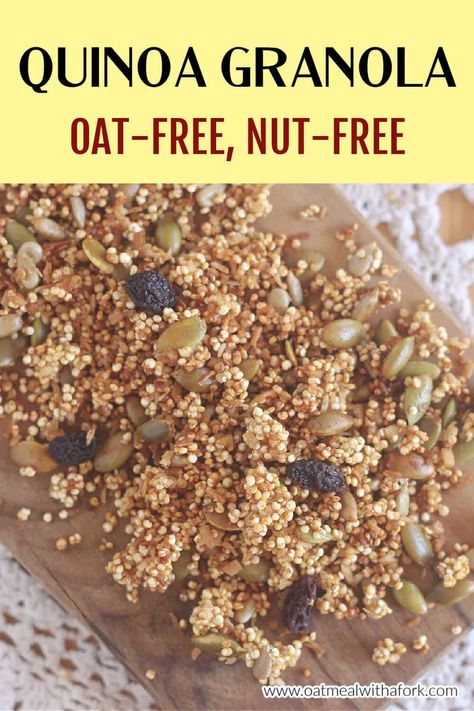 Granola Recipe Without Oats, No Oat Granola, Oat Free Granola, Quinoa Granola Recipe, Gluten Free Nut Free Granola, Nut Granola Recipe, Crunchy Quinoa, Soaked Oat Granola, High Protein Granola