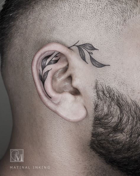 In Ear Tattoo Men, Around Ear Tattoo Men, Behind Ear Plant Tattoo, Behind Ear Tattoos For Guys, Small Ear Tattoos Men, Inner Ear Tattoo Men, Inside Ear Tattoos Men, Men’s Ear Tattoo, Plant Neck Tattoo