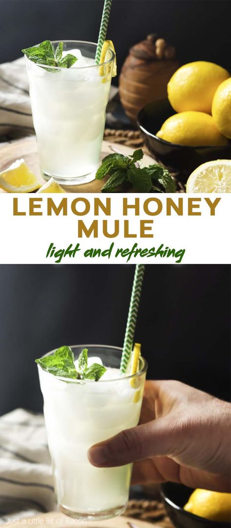 For a light and refreshing summer cocktail add lemon and honey to the traditional ginger and vodka mule. You'll love this simple and easy recipe! | justalittlebitofbacon.com Lemon Vodka Drinks, Lemon Cocktail Recipes, Alcoholic Drinks Vodka, Ginger Cocktail Recipes, Vodka Mule, Honey And Lemon Drink, Honey Cocktail, Ginger Beer Cocktail, Lemon And Honey