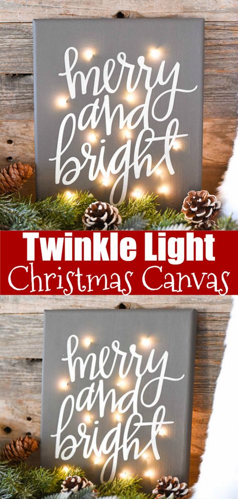 Christmas Diy Canvas, Diy Christmas Canvas, Light Up Canvas, Lighted Canvas Art, Christmas Canvas Art, Silver Christmas Decorations, Christmas Paintings On Canvas, Canvas Diy, Creative Diy Gifts