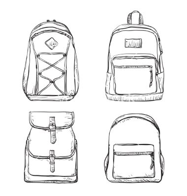 Set of different types backpacks vector Cute Bag Drawing, How To Draw Bag, How To Draw Backpacks On People, Backpack Drawing Ideas, Bag Drawing Easy, Backpack Drawing Easy, Person Wearing Backpack Drawing Reference, Bookbag Drawing, Bag Art Drawing