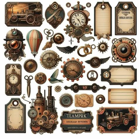 Junk Journal Elements, Vintage Scrapbook Printables, Steampunk Stickers, Agenda Vintage, Steampunk Printables, Steampunk Background, Steampunk Mixed Media Art, Steampunk Scrapbook, Steampunk Cards