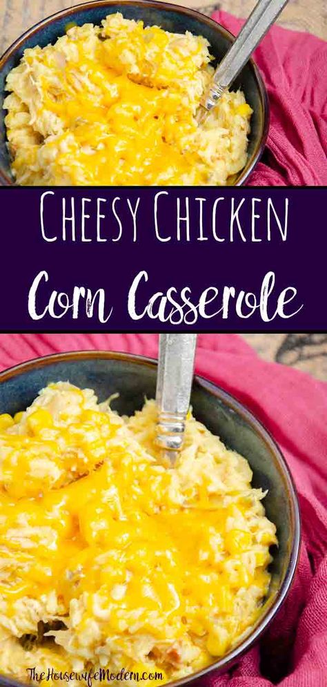 Cheesy Chicken Corn Casserole. Easy slow-cooker meal. It may not look pretty. But it’s so delicious, I almost named it “crack casserole.” #chicken #cheese #casserole #slowcooker #corn Corn Casserole Easy, Sausage Egg And Cheese Casserole, Chicken Corn Casserole, Chicken Cheese Casserole, Egg And Cheese Casserole, Hotdish Recipes, Casserole Chicken, Corn Casserole Recipe, Corn Chicken