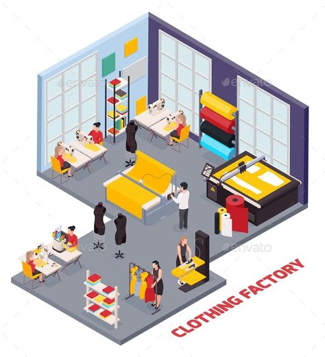 Clothing Factory Isometric Composition by macrovector | GraphicRiver Sewing Room Interior Design, Sewing Shop Interior Design, Factory Layout, Fashion Business Plan, 3d Vector Illustration, Factory Interior, Clothing Store Interior, Sewing Factory, Fashion Designer Studio