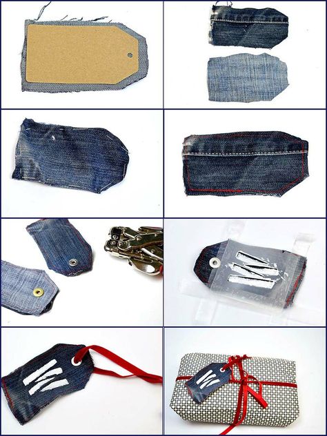 Recycle Jeans Projects, Jeans Projects, Denim Christmas, Denim Upcycle, Trendy Travel Bags, Fabric Decoupage, Denim Scraps, Unique Gift Tags, Gift Wrapping Inspiration