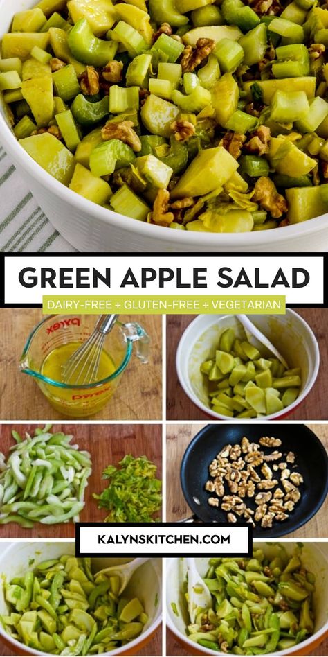 Pinterest image for Green Apple Salad in a serving bowl on a green and white striped napkin and procedure photos for making this recipe. Apple Salad Dressing, Lemony Dressing, Green Apple Salad, Apple Salad Recipe, Celery Salad, Apple Salad Recipes, Gf Food, Nutritional Information, Best Salad Recipes