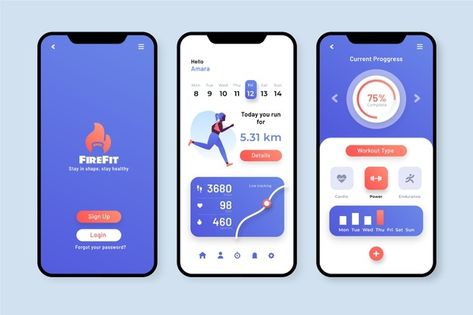 Workout tracker app interface | Free Vector #Freepik #freevector #technology #sport #fitness #health Fitness App Interface, Fitness App Ui Design, Sport App Design, Workout Tracker App, Charity App, Health Tracker App, Fitness App Ui, Fitness Tracker App, Application Ui Design