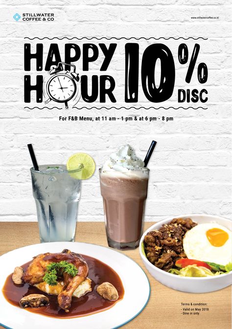 Happy Hour Promo 10% Discount Poster Ad for Stillwater Coffee & Co Restaurant Graphics, Happy Hour Food, Mini Cafe, Food Discount, Cafe Posters, Food Promotion, Purple Food, Happy Hour Drinks, Creative Advertising Design