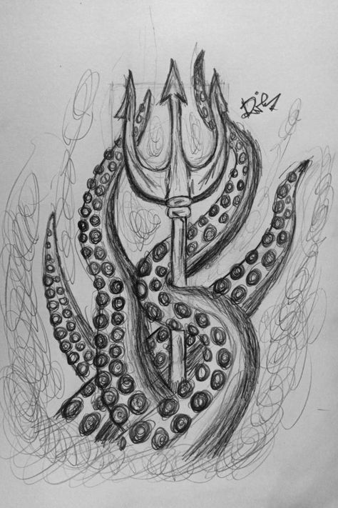 Greek Mythology Art Sketch, Greek Sea Monsters, Twisted Drawing Ideas, Easy Greek Mythology Drawings, Greek Mythology Art Drawing Easy, Posiden Drawings, Posiden Drawing, Greek Gods Drawings Pencil, Trisula Art