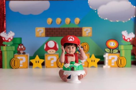 Mario Cake Smash, Mario Theme Photoshoot, Super Mario Photo Shoot, Mario Photoshoot, Super Mario Smash, Mario Smash, Mario Cake, Mario Bros Party, Smash Cake Boy