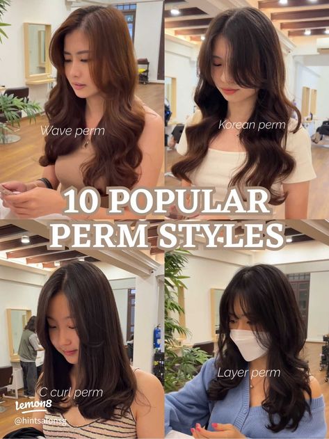 Trendy & Easy Korean Hairstyles for Newbies Hair Perm Korean Style, Asian Women Permed Hair, Hug Perm Korean, Korean S Perm Waves, Different Styles Of Perms, C Curl Perm Korean Long Hair, Digital Perm Hairstyles, Korean Perm Before And After, Types Of Hair Perms