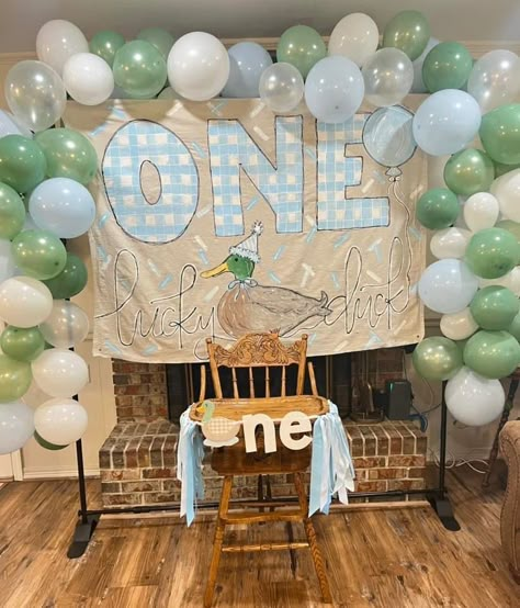 One Lucky Duck Backdrop, Mallard First Birthday Party Boy, One Lucky Duck First Birthday Party, 1st Birthday Boy Duck Theme, One Lucky Duck Birthday Party Mallard Cake, Mallard Duck 1st Birthday, One Lucky Duck Photoshoot, 1 Lucky Duck Birthday, One Lucky Duck Food Ideas