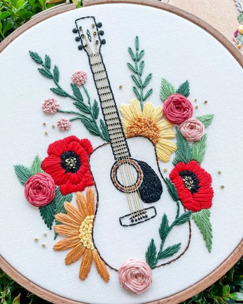 🎸🌸 Sharing my “August Song” piece today in memory of my brother 🫶 August Song, In Memory Of My Brother, Mexican Embroidery Designs, Embroidery Theme, Pdf Embroidery Pattern, Advanced Embroidery, Simple Stitch, Beginner Henna Designs, Basic Embroidery