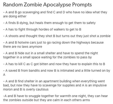 Zombie Writing Ideas, Zombie Apocalypse Au Prompts, Apocalypse Names, How To Write A Gory Scene, Zombie Apocalypse Story Prompts, Zombie Apocalypse Writing, Apocalypse Tumblr, How To Write An Apocalypse Story, Infection Au Ideas