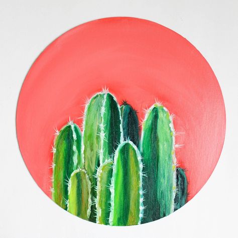 Positive Painting, Cactus Artwork, Vinyl Record Art Ideas, Plant Artwork, Round Painting, Record Wall Art, Vinyl Art Paint, Cd Painting, Record Painting