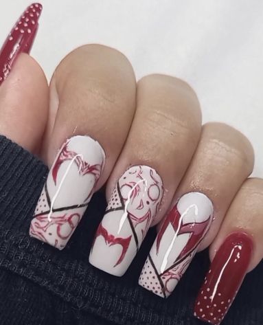 Wanda Maximoff Nails Designs, Marvel Avengers Nails, Scarlet Witch Inspired Nails, Scarlet Witch Nails Designs, Wanda Vision Nails, Scarlett Witch Nails, Marvel Nails Designs The Avengers, Scarlet Witch Nail Art, Marvel Nails Simple