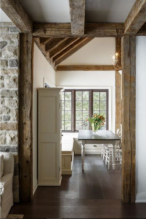 white rustic rooms Coastal Interiors Design, Rustic Room, Timber Beams, Cottage Interior, Kitchen And Dining Room, Stone Cottage, French Cottage, Coastal Interiors, White Rooms