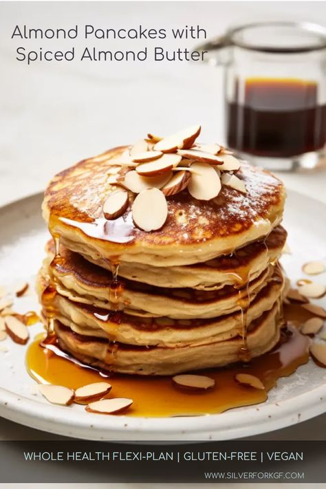 Indulge in the heavenly goodness of Almond Pancakes with Spiced Almond Butter. These pancakes are made with a combination of whole-wheat self-raising flour and almond meal, resulting in a nutty and wholesome flavor. The batter is light and fluffy, thanks to the addition of separated eggs and unsweetened almond milk. Served with a generous dollop of spiced almond butter and a drizzle of maple syrup, these pancakes are a delightful breakfast treat. Almond Flower Pancake, Almond Butter Pancakes, Almond Pancakes, Butter Pancakes, Almond Flour Pancakes, Pancake Toppings, Almond Meal, Honey Almonds, Healthy Breakfasts