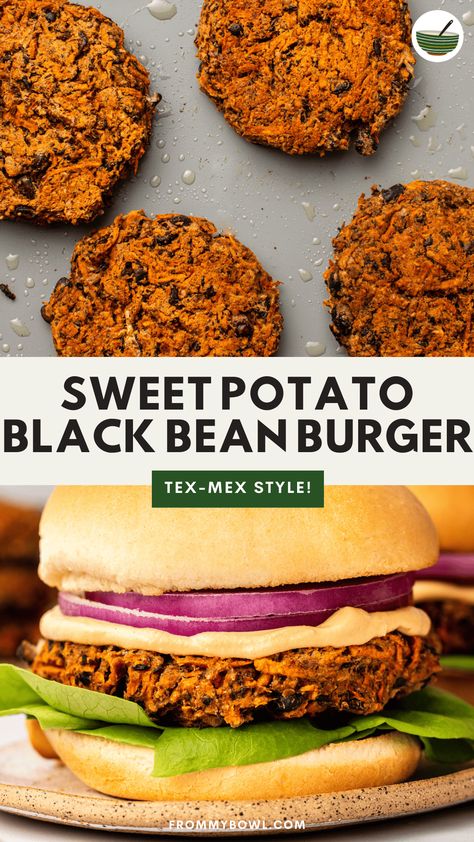 These Tex-Mex Sweet Potato Black Bean Burgers are easy to make with hearty whole foods, chipotle peppers, and smoky seasonings. Enjoy them for healthy and flavor-packed dinners! Vegan, Gluten-Free and Oil-Free Option. Vegetarian Burger Recipe, Sweet Potato Patties, Sweet Potato And Black Bean, Sweet Potato Burgers, Sweet Potato Black Bean, Chipotle Peppers, Bean Burgers, Sweet Potato Black Beans, Black Bean Burgers