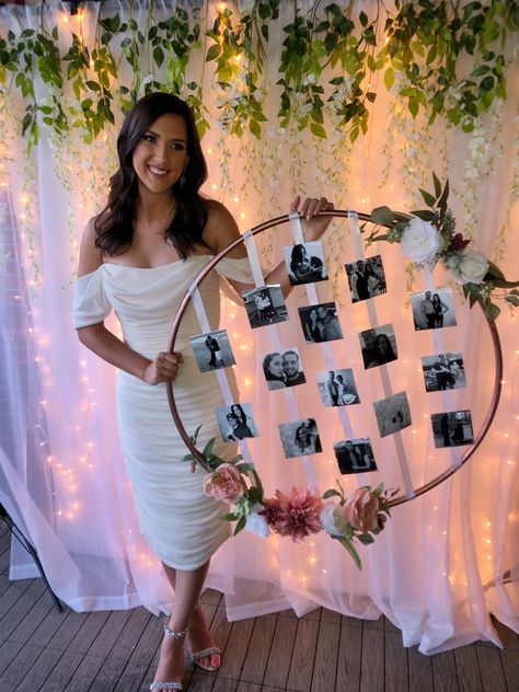 Creative Ways To Display Photos At Party, Bridal Shower Engagement Picture Display, Hoola Hoop Photo Booth Frame, Hula Hoop Picture Display Diy, Engagement Party Photo Display Ideas, Wedding Shower Photo Display, Photo Hoop Ideas, Hula Hoop Photo Display, Hoop Picture Display