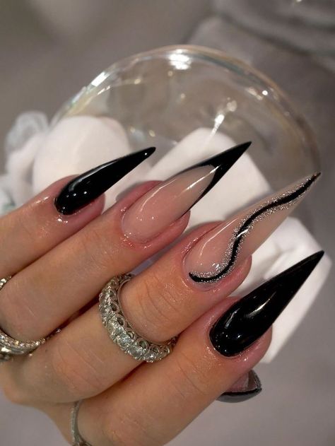 White And Black Glitter Nails, Nail Stiletto Design, Black Vacation Nails, Stiletto Nail Art Summer, Long Goth Nails, Nails Acrylic French Tips, Stiletto Black Nails, Sheer Black Nails, Black Stiletto Nails Design