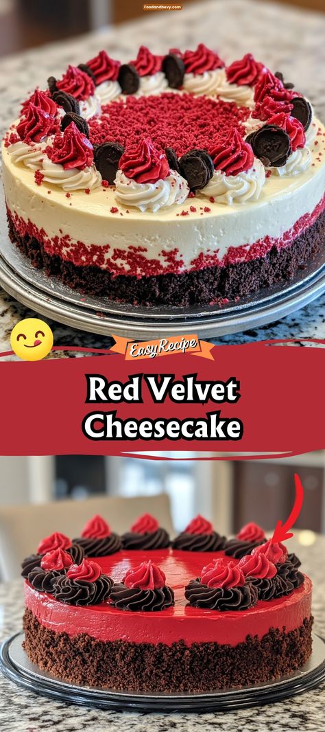 Delight in the luxurious combination of smooth cheesecake and classic red velvet cake with this Red Velvet Cheesecake. Its rich, creamy texture and vibrant color make it a stunning dessert for celebrations or an elegant treat to enjoy any day. #RedVelvetCheesecake #DecadentDesserts #CheesecakeLove Red Velvet Cake Mix Cheesecake, Red Velvet Swirl Cheesecake, Red Velvet Cake Recipes, Red Velvet Cheesecake Bars, Red Velvet Cheesecake Recipe, Red Velvet Oreo Cheesecake, Cheesecake Red Velvet, Smooth Cheesecake, Red Velvet Cheesecake Cake