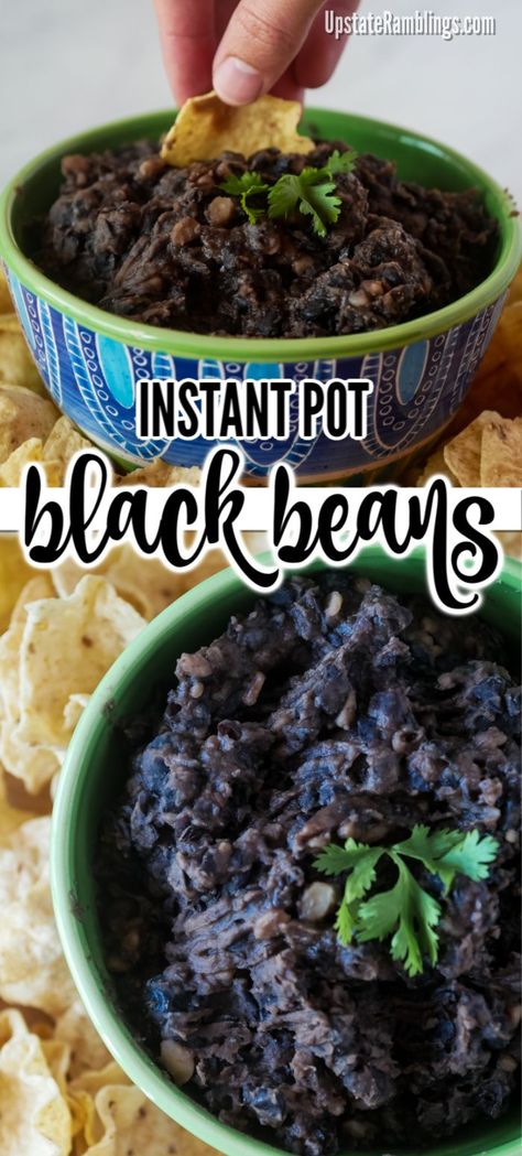 These creamy and spicy black beans are an easy Instant Pot recipe. The beans need no soaking and no draining. They are cooked with onions, garlic and chipotle peppers in adobe sauce for a rich and flavorful side dish, perfect for Taco Tuesday or any Mexican meal. #instantpot #blackbeans #spicy Instantpot Blackbeans, Vegan Refried Black Beans, Spicy Black Beans, Instant Pot Black Beans, Vegan Refried Beans, Vegan Bean Recipes, Refried Black Beans, Adobe Sauce, Dried Black Beans