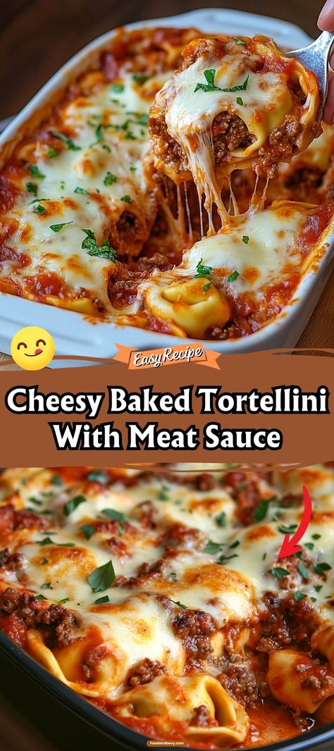 Tuck into the cozy embrace of Cheesy Baked Tortellini with Meat Sauce, where plump tortellini are enveloped in a hearty, meaty tomato sauce and smothered in layers of melted cheese. This baked dish is a comforting, filling meal that satisfies the heartiest of appetites, perfect for a family dinner or when you need a touch of home-cooked warmth. #BakedTortellini #CheesyPasta #FamilyMeal Tortellini With Tomato Sauce, Easy Dinner Recipes Cheese Tortellini, Cheese Tortellini With Meat Sauce, Dinner With Cheese Tortellini, Tortelinni Bake, Tortellini Spaghetti Bake, Tortellini With Pasta Sauce, Easy Tortellini Recipe, Tortellini Recipes Red Sauce