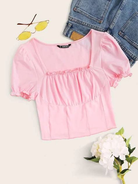 Ruched Bust Top, Latest T Shirt, Pink Pastel, Hollister Tops, Puff Sleeve Top, Pink Fashion, Cute Tops, Fashion Online Shop, Hollister