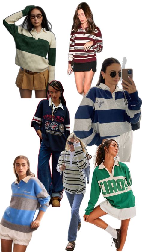 Rugby Jumper Outfit Women, Rugby Tshirt Outfits, Rugby Sweater Outfit, Jumper Outfit Women, Rugby Shirt Outfit, Rugby Tee, 2025 Style, Jumper Outfit, Sweatshirt Outfit