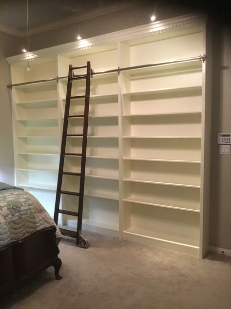 Bookcase With Library Ladder, Bookshelf With Sliding Ladder, Tall Book Shelf With Ladder, Home Library Ideas With Ladder, Bookcase With Ladder Diy, Library In A Closet, Moving Ladder Bookshelves, Tall Bookshelves With Ladder, Ladder For Bookshelf