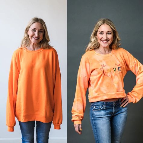 Learn how to upcycle an old or oversized sweatshirt into a stylish DIY crop top | Stitching Sewcial How To Crop A Sweatshirt Diy, Crop Top Stitching, Diy Cropped Sweatshirt, Diy Crop Top, Old Sweatshirt, Brother Embroidery Machine, Upcycle Sweatshirt, Upcycled Clothes, Reverse Tie Dye