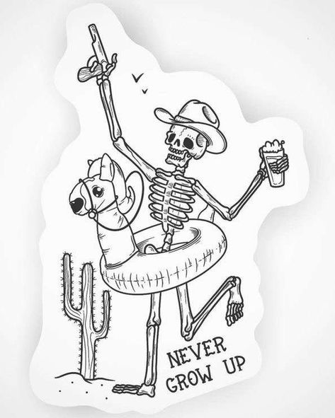 Flash Tattoo Skeleton, Western Skeleton Tattoos For Women, Cowboy Outline Tattoo, Funny Western Tattoos, Cowgirl Skeleton Tattoo, Cryptozoology Tattoo, Traditional Tattoo Skeleton, Cool Skeleton Tattoos, Funny Skull Tattoo