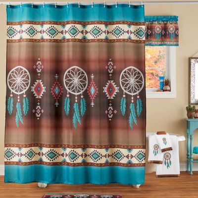 This beautifully designed shower curtain has dreamcatchers and Aztec patterns in classic Southwest colors against a gorgeous shaded background. Eyelets at the top make hanging easy. Machine wash. Polyester; imported. 72"L x 70"W. | Bungalow Rose Southwest Dreamcatcher Printed Shower Curtain Polyester in Brown | 0.1 H x 70 W in | Wayfair Western Interior Design, Shaded Background, Diy Dream Catcher Tutorial, Western Interior, Southwest Colors, Dream Catcher Tutorial, Black Mosaic, White Shower Curtain, Dream Catcher Diy